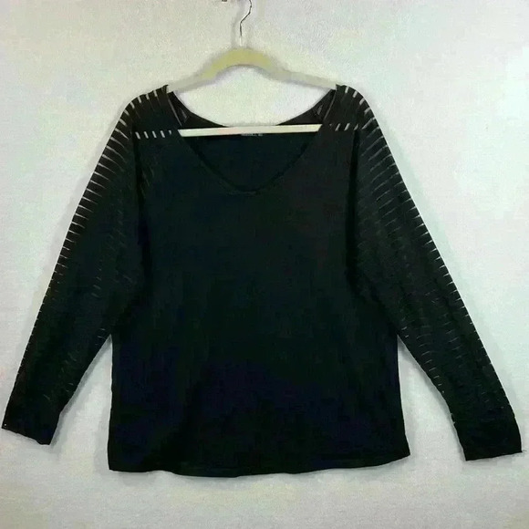 Miholl V Neck Top Women's XL Black Long Sleeves Sheer Stripes - Picture 1 of 7